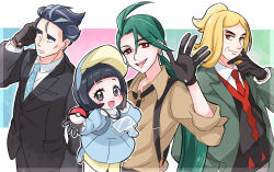 Rule 34 | 2boys, 2girls, :d, absurdres, ahoge, black gloves, black hair, black jacket, black pants, black vest, blonde hair, bright pupils, collared shirt, commentary request, creatures (company), dress, earrings, game freak, gloves, green hair, green jacket, hair between eyes, hand up, hassel (pokemon), highres, holding, holding poke ball, jacket, jewelry, larry (pokemon), long hair, momo02634, multiple boys, multiple girls, necktie, nintendo, open clothes, open jacket, open mouth, pants, pantyhose, parted bangs, poke ball, poke ball (basic), pokemon, pokemon sv, poppy (pokemon), red eyes, red necktie, rika (pokemon), shirt, shoes, short hair, smile, teeth, upper teeth only, vest, white pupils, white shirt, yellow pantyhose