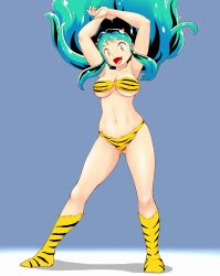 Rule 34 | 1girl, :d, animal print, armpits, arms up, bikini, blue background, boots, breasts, fangs, full body, green hair, highres, horns, large breasts, long hair, looking at viewer, lum, navel, open mouth, print bikini, print footwear, smile, solo, stomach, strapless, strapless bikini, swimsuit, tiger print, tof, urusei yatsura, yellow bikini, yellow eyes, yellow footwear, yellow horns