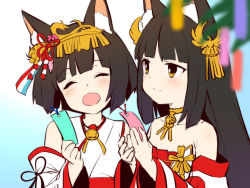 Rule 34 | 2girls, animal ear fluff, animal ears, azur lane, bare shoulders, black hair, closed eyes, closed mouth, detached sleeves, fox ears, hair ornament, japanese clothes, jewelry, long hair, long sleeves, multiple girls, mutsu (azur lane), nagato (azur lane), neck ring, open mouth, short hair, smile, tanabata, tanzaku, wide sleeves, yellow eyes, youhei 64d
