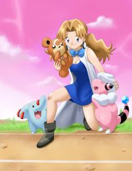 Rule 34 | 1girl, absurdres, aged up, aggrav8edartist, bad id, bad pixiv id, blue dress, blue eyes, boots, bow, breasts, brown hair, cleavage, creatures (company), dress, earrings, flaaffy, game freak, gen 2 pokemon, highres, jewelry, long hair, molly hale, nintendo, on one knee, phanpy, pokemon, pokemon (anime), pokemon (classic anime), pokemon (creature), pokemon 3: the movie - spell of the unown: entei, short dress, sleeveless, sleeveless dress, smile, teddiursa