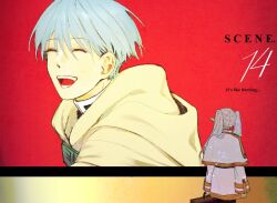 Rule 34 | 1boy, 1girl, billboard, blue hair, cape, capelet, chamwa, closed eyes, commentary, dress, elf, english text, frieren, himmel (sousou no frieren), holding, holding suitcase, long hair, long sleeves, looking at another, meme, open mouth, pointy ears, short hair, smile, sousou no frieren, suitcase, twintails, veil scene 14 redraw (meme), white cape, white capelet, white dress, white hair