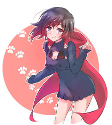 Rule 34 | 1girl, black hair, black sweater, breasts, cape, cleavage, cleavage cutout, closed mouth, clothing cutout, dress, floating hair, gradient hair, grey eyes, hair between eyes, highres, iesupa, leaning forward, long sleeves, looking at viewer, medium breasts, medium hair, multicolored hair, red cape, red hair, ruby rose, rwby, short dress, sketch, smile, solo, standing, sweater, sweater dress, white background