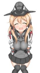 Rule 34 | 10s, 1girl, anchor hair ornament, blonde hair, breasts, closed eyes, double v, gloves, hair ornament, hat, highres, kantai collection, kyounami, large breasts, long hair, military, military uniform, open mouth, peaked cap, prinz eugen (kancolle), simple background, skindentation, skirt, smile, solo, thighhighs, twintails, uniform, v