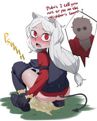 Rule 34 | 1boy, 1girl, alternate language, animal ears, ass, black footwear, black pants, black vest, blush, breath, brown legwear, caught, cerberus (helltaker), clothes pull, demon tail, dog ears, english text, faceless, faceless male, fang, from behind, full body, glasses, grass, grey hair, helltaker, helltaker (character), highres, long hair, long sleeves, looking back, looking up, nannyou dojin, nose blush, open mouth, outdoors, panties, pants, pants pull, panty pull, pee, peeing, pince-nez, puddle, red eyes, red shirt, shiny skin, shirt, shoes, simple background, socks, solo focus, sound effects, speech bubble, squatting, stained panties, steam, sunglasses, sweat, tail, talking, tears, teeth, text focus, underwear, vest, white background, white panties, wide-eyed
