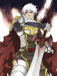 Rule 34 | 1boy, armor, bio lab, breastplate, cape, chainmail, closed mouth, commentary request, cowboy shot, cross, gauntlets, hair between eyes, holding, holding sword, holding weapon, leg armor, looking at viewer, lord knight (ragnarok online), male focus, pauldrons, ragnarok online, red cape, red eyes, seyren windsor, short hair, shoulder armor, solo, spiked gauntlets, sptbird, sword, tabard, weapon, white hair