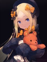 Rule 34 | 1girl, abigail williams (fate), black bow, black dress, black hat, blonde hair, blue eyes, bow, closed mouth, commentary request, dress, fate/grand order, fate (series), forehead, hair bow, hat, head tilt, hugging object, long hair, long sleeves, looking at viewer, makihitsuji, orange bow, parted bangs, polka dot, polka dot bow, sleeves past fingers, sleeves past wrists, solo, stuffed animal, stuffed toy, teddy bear, upper body, very long hair