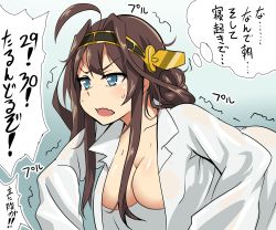 Rule 34 | 10s, 1girl, ahoge, blue eyes, breasts, brown hair, exercising, hairband, highres, kantai collection, kongou (kancolle), large breasts, long hair, open clothes, open mouth, open shirt, push-ups, shirt, solo, sweatdrop, tanashi (mk2), translation request, trembling, wavy mouth