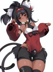 Rule 34 | :&lt;, animal ear fluff, animal ears, bell, black hair, black shorts, blush, breasts, cat ears, cat girl, cat tail, closed mouth, covered navel, dark-skinned female, dark skin, detached sleeves, facial mark, forehead mark, high ponytail, highres, hip vent, looking at viewer, multiple tails, neck bell, nekomiya mana, paw pose, paw print, ponytail, red eyes, shorts, simple background, skindentation, small breasts, solo, tail, thighs, two tails, white background, yukiri (l ii), zenless zone zero