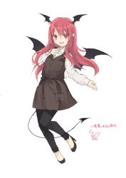 Rule 34 | 1girl, :d, adapted costume, black dress, black footwear, black pants, black sash, blush, commentary request, demon tail, demon wings, dress, full body, hand on own chest, head wings, high heels, highres, koakuma, long hair, long sleeves, looking at viewer, open mouth, pants, plaid, plaid dress, pocket, pointy ears, red eyes, red hair, sash, shirt, signature, smile, solo, tail, touhou, toutenkou, translation request, unmoving pattern, white shirt, wings