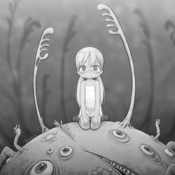 Rule 34 | 1girl, blush, closed mouth, dress, glasses, greyscale, highres, kionant, looking at viewer, low twintails, made in abyss, monochrome, monster, riko (made in abyss), seiza, semi-rimless eyewear, shoes, sitting, smile, twintails, under-rim eyewear