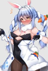 Rule 34 | 1girl, absurdres, animal ears, black gloves, blue hair, breasts, brown pantyhose, carrot hair ornament, cleavage, closed eyes, commentary request, food-themed hair ornament, gloves, grey background, hair between eyes, hair ornament, highres, hololive, kshimu, long hair, looking at viewer, medium breasts, multicolored hair, pantyhose, rabbit ears, simple background, solo, thick eyebrows, two-tone hair, usada pekora, usada pekora (1st costume), virtual youtuber, white hair, yellow eyes