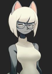 Rule 34 | 1girl, absurdres, animal ears, bob cut, cat ears, colo (nagrolaz), female focus, frown, furry, furry female, glasses, grey background, half-closed eyes, highres, looking at viewer, original, purple eyes, round eyewear, simple background, sleeveless, solo, upper body, white hair
