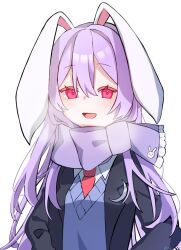 Rule 34 | 1girl, adapted costume, animal ears, black jacket, blue sweater, breath, collared shirt, commentary request, crescent, crescent pin, hair between eyes, jacket, long hair, necktie, open mouth, purple hair, purple scarf, rabbit ears, red eyes, red necktie, reisen udongein inaba, scarf, shirt, signature, simple background, smile, solo, sweater, touhou, white background, white shirt, yuki6220821