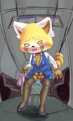 Rule 34 | 10s, 1girl, aggressive retsuko, animal ears, bag, black footwear, black thighhighs, blue panties, blue skirt, blue vest, blush, breasts, censored, clothes lift, collarbone, female focus, female pubic hair, formal, full body, furry, furry female, handbag, highres, holding, long sleeves, morokko, mosaic censoring, no bra, o o, open clothes, open mouth, open shirt, panties, panty pull, pubic hair, public indecency, pussy, pussy juice, retsuko, shirt, shoes, skirt, skirt lift, skirt suit, small breasts, solo, standing, suit, sweat, tail, thighhighs, train interior, underwear, vest, white shirt