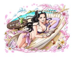 Rule 34 | 1girl, :d, bikini, bird, black hair, blue eyes, bodskih, book, bracelet, breasts, cleavage, collarbone, crab, eyewear on head, flower, glasses, island, jewelry, large breasts, long hair, looking at viewer, lying, navel, nico robin, on side, one piece, one piece treasure cruise, open book, open mouth, pink flower, sarong, smile, solo, stomach, sunglasses, swimsuit, thighs, transparent background, water