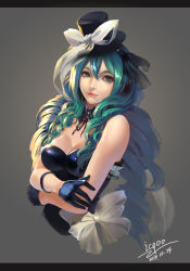 Rule 34 | 10s, 1girl, 2014, artist name, crossed arms, dated, gloves, green eyes, green hair, hat, hatsune miku, icqoo, letterboxed, lips, long hair, matching hair/eyes, mini hat, mini top hat, solo, top hat, very long hair, vocaloid