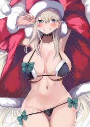 Rule 34 | 1girl, arms up, bikini, black bikini, black collar, blonde hair, blue eyes, blue nails, bow, breasts, christmas, collar, commentary request, earrings, facial mark, fur-trimmed bikini, fur-trimmed headwear, fur-trimmed jacket, fur trim, green bow, grin, groin, gyaru, hat, heart, heart facial mark, highres, huge breasts, jacket, jewelry, kogal, long hair, long sleeves, looking at viewer, lying, micro bikini, nail polish, navel, on back, open clothes, open jacket, original, red hat, red jacket, santa costume, santa hat, skindentation, smile, solo, stomach, swimsuit, very long hair, yuzuki himuka