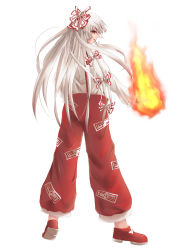 Rule 34 | 1girl, bow, fire, flaming hand, fujiwara no mokou, hair bow, highres, long hair, looking at viewer, musyne xsk, profile, red eyes, silver hair, simple background, smile, smoking, solo, suspenders, touhou, white background