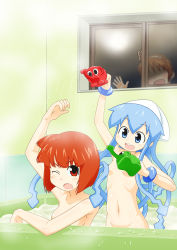 Rule 34 | 3girls, :d, ;o, aizawa eiko, arm up, bath, bathing, bathtub, blue eyes, blue hair, bracelet, breasts, censored, convenient arm, convenient censoring, highres, ikamusume, jealous, jewelry, long hair, multiple girls, nagatsuki sanae, navel, no eyes, nude, one eye closed, open mouth, peeking, playing, red eyes, red hair, same-sex bathing, sat-c, shaded face, shared bathing, shinryaku! ikamusume, small breasts, smile, tentacle hair, water, when you see it, window, wink