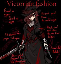 Rule 34 | 1girl, black background, black dress, black headwear, black jacket, blood, blood on clothes, bloodborne, bloody weapon, brown hair, centurii-chan (artist), closed mouth, commentary, dress, english commentary, english text, gun, highres, holding, holding gun, holding sword, holding weapon, jacket, lips, long hair, long sleeves, looking at viewer, one eye covered, original, red eyes, red lips, simple background, solo, sword, weapon