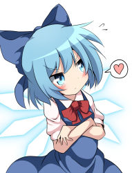 Rule 34 | 1girl, annoyed, blue eyes, blue hair, blush, bow, cirno, crossed arms, do (4-rt), dress, hair bow, heart, highres, looking away, matching hair/eyes, short hair, solo, spoken heart, touhou, tsundere, wings