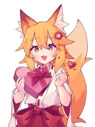 1girl :3 animal_ear_fluff animal_ears blonde_hair box commentary cowboy_shot english_commentary finger_heart fox_ears fox_girl fox_tail hair_between_eyes hakama heart heart-shaped_box highres japanese_clothes kazumiskill kimono looking_at_viewer red_hakama ribbon_trim senko_(sewayaki_kitsune_no_senko-san) sewayaki_kitsune_no_senko-san short_hair tail valentine white_background white_kimono yellow_eyes