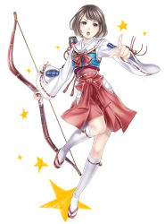 Rule 34 | 1girl, archery, arrow (projectile), bad id, bad pixiv id, bell, blush, bow, bow (weapon), bowtie, brown eyes, brown hair, full body, hakama, hakama short skirt, hakama skirt, highres, hip vent, holding, holding weapon, japanese clothes, jingle bell, kneehighs, light background, long sleeves, looking at viewer, nontraditional miko, ohse, open mouth, pointing, pointing at viewer, red bow, ribbon, ribbon-trimmed collar, ribbon-trimmed legwear, ribbon-trimmed sleeves, ribbon trim, sandals, sengoku basara, shoes, short hair, simple background, skirt, socks, solo, star (symbol), traditional clothes, tsuruhime, weapon, white background, wide sleeves