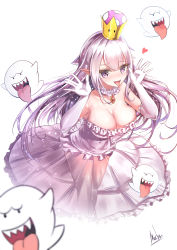 Rule 34 | 1girl, :d, absurdres, alswp5806, blurry, blurry foreground, blush, boo (mario), breasts, cleavage, collar, collarbone, commentary request, crown, depth of field, detached collar, dress, elbow gloves, fangs, frilled collar, frilled dress, frilled gloves, frills, gloves, hair between eyes, hands up, heart, highres, large breasts, long hair, looking at viewer, luigi&#039;s mansion, mario (series), mini crown, new super mario bros. u deluxe, nintendo, open mouth, pointy ears, princess king boo, see-through, sharp teeth, sidelocks, signature, silver hair, simple background, smile, strapless, strapless dress, super crown, teeth, tongue, tongue out, very long hair, white background, white collar, white dress