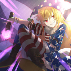 Rule 34 | 1girl, absurdres, american flag dress, american flag legwear, american flag shirt, blonde hair, boots, brown footwear, clownpiece, dress, evil smile, fairy, fairy wings, fetal position, frilled shirt collar, frilled skirt, frills, full body, hat, highres, huge filesize, jester cap, leggings, long hair, looking at viewer, neck ruff, otoshiro kosame, pantyhose, polka dot, polka dot headwear, purple hat, red eyes, ribbon-trimmed sleeves, ribbon trim, skirt, smile, solo, star (symbol), star print, striped clothes, striped dress, striped pantyhose, torch, touhou, wings