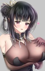 Rule 34 | 1girl, absurdres, arm under breasts, azuma (sospower73), azur lane, bare shoulders, black dress, black flower, black hair, bodystocking, breasts, chen hai (azur lane), chen hai (vestibule of wonders) (azur lane), china dress, chinese clothes, dress, elbow gloves, flower, gloves, grey background, hair flower, hair ornament, hand on own chest, heart, highres, huge breasts, lace, lace-trimmed gloves, lace trim, long hair, looking at viewer, official alternate costume, pink eyes, see-through, simple background, sleeveless, sleeveless dress, solo, taut clothes, taut dress, upper body