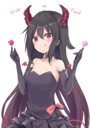 Rule 34 | 1girl, :q, amano kouki, black choker, black dress, black gloves, black hair, blush, bow, brown hair, candy, choker, closed mouth, commentary request, dress, elbow gloves, food, gloves, gradient hair, hair between eyes, hands up, highres, holding, holding candy, holding food, holding lollipop, horns, lollipop, long hair, looking at viewer, multicolored hair, note-chan, original, purple eyes, red bow, simple background, smile, solo, strapless, strapless dress, tongue, tongue out, trick or treat, very long hair, white background