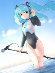 Rule 34 | 1girl, adapted costume, aqua eyes, aqua hair, blue sky, cloud, commentary request, dutch angle, feet out of frame, funakingyo, hatsune miku, headphones, highleg, highleg leotard, highres, holding, leotard, microphone, microphone stand, multicolored leotard, sky, soaking feet, solo, standing, thigh gap, twintails, vocaloid, wading