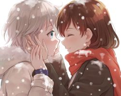 Rule 34 | 10s, 2girls, anastasia (idolmaster), blue eyes, blush, brown hair, closed eyes, eyelashes, face-to-face, female focus, friends, from side, fur trim, gobou 1000, hands on another&#039;s cheeks, hands on another&#039;s face, hood, hooded jacket, idolmaster, idolmaster cinderella girls, imminent kiss, jacket, long hair, long sleeves, looking at another, multiple girls, nitta minami, parted lips, red scarf, scarf, short hair, silver hair, simple background, smile, snowing, upper body, white background, winter, winter clothes, yuri