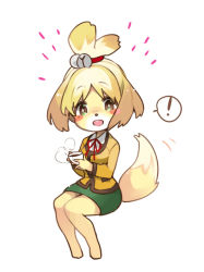 Rule 34 | !, 1girl, animal crossing, blonde hair, blush stickers, cardigan, cup, dog, dog girl, furry, furry female, green eyes, hoshi ataru, invisible chair, isabelle (animal crossing), legs together, nintendo, sitting, smile, solo, spoken exclamation mark, tail, tail wagging
