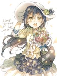 Rule 34 | 10s, 1girl, 2017, :d, bag, blue hair, bouquet, bow, brown eyes, character name, dated, earrings, floral print, flower, frilled skirt, frills, hair ornament, hairpin, hand on headwear, handbag, happy birthday, haru hina, hat, hat bow, hat flower, holding, holding bouquet, jacket, jewelry, layered skirt, long hair, looking at viewer, love live!, love live! school idol festival, love live! school idol project, necklace, open mouth, petals, signature, skirt, smile, solo, sonoda umi, sun hat, white bow