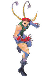 Rule 34 | 1990s (style), 1girl, ahoge, antenna hair, bare shoulders, bengus, beret, blonde hair, boots, braid, cammy white, camouflage, capcom, fighting stance, fingerless gloves, full body, gloves, hat, highres, ikeno daigo, leotard, muscular, retro artstyle, simple background, solo, street fighter, street fighter ii (series), twin braids