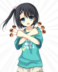 Rule 34 | 1girl, :d, aqua eyes, aqua shirt, black hair, bububugsan, casual, clothes writing, collarbone, commentary, cowboy shot, crossed arms, dango, doyagao, dracu-riot!, emphasis lines, food, hair between eyes, hair bobbles, hair ornament, hairclip, highres, light blush, looking at viewer, medium hair, mera azusa, open mouth, shirt, short sleeves, side ponytail, simple background, smile, smug, solo, standing, straight-on, wagashi, white background