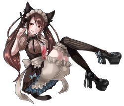 Rule 34 | 1girl, :3, animal ears, bad id, bad pixiv id, black footwear, black thighhighs, bloomers, blue bow, blush, bow, breasts, brown eyes, brown hair, cat ears, cat tail, cup, drink, holding, holding cup, ishaq-braver, long hair, maid, medium breasts, original, platform footwear, simple background, sitting, solo, spoon, striped bow, striped clothes, striped thighhighs, tail, thighhighs, twintails, underwear, vertical-striped clothes, vertical-striped thighhighs, very long hair, white background