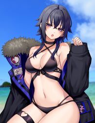 Rule 34 | 1girl, :o, absurdres, bare shoulders, beach, bikini, black bikini, black choker, black hair, black jacket, blue sky, choker, cloud, commentary request, criss-cross halter, day, groin, hair between eyes, halterneck, hand up, highres, ichinose uruha, jacket, kushinaka, long hair, long sleeves, looking at viewer, multi-strapped bikini, navel, off shoulder, open clothes, open jacket, open mouth, purple eyes, sitting, sky, solo, stomach, swimsuit, thigh strap, thighs, virtual youtuber, vspo!