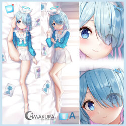 Rule 34 | 1girl, arona (blue archive), bare legs, barefoot, bed sheet, blue archive, blue eyes, blue hair, blue halo, blue shirt, blush, bow, bow hairband, braid, breasts, choker, closed mouth, collarbone, colored inner hair, commentary request, dakimakura (medium), hair over one eye, hair ribbon, hairband, halo, leg up, light blue hair, long sleeves, looking at viewer, lying, midriff, miniskirt, multicolored hair, multiple views, navel, on back, on side, pink hair, pleated skirt, puffy long sleeves, puffy sleeves, ribbon, sailor collar, sailor shirt, school uniform, second-party source, serafuku, shirt, shirt bow, short hair, side braid, single braid, skirt, small breasts, soles, toes, two-tone hair, white bow, white choker, white hairband, white ribbon, white sailor collar, white skirt, yutian alice