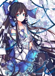 Rule 34 | 1girl, akira (ying), alternate color, bad id, bad pixiv id, black hair, black pantyhose, blue eyes, bug, butterfly, detached sleeves, gohei, gradient background, hair ornament, hair ribbon, hair tubes, hakurei reimu, highres, insect, japanese clothes, long hair, long sleeves, looking at viewer, miko, pantyhose, player 2, ribbon, shirt, sitting, skirt, smile, solo, touhou, very long hair, wide sleeves