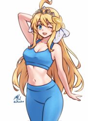 Rule 34 | 1girl, ;d, ahoge, arm up, bare shoulders, blonde hair, blue eyes, blue pants, breasts, cleavage, commentary, cowboy shot, dragalia lost, english commentary, hair ornament, hair ribbon, highres, looking at viewer, midriff, navel, one eye closed, open mouth, pants, ribbon, rotomdocs, signature, smile, solo, sports bra, sportswear, teeth, tiara, twitter username, upper teeth only, white background, white ribbon, zethia