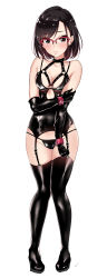 Rule 34 | 1girl, absurdres, bdsm, bikini, bikini top only, black bikini, black hair, blush, bob cut, bondage, bondage outfit, bound, breastless clothes, breasts, brown hair, cleavage, closed mouth, collar, collarbone, corset, elbow gloves, embarrassed, full body, gloves, hand on own arm, highres, lips, looking at viewer, medium breasts, murabito c, original, revealing clothes, short hair, simple background, slave, solo, standing, swept bangs, swimsuit, tagme, thighhighs, white background