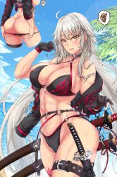 Rule 34 | 1girl, ass, beach, bikini, bikini pull, black bikini, black gloves, breasts, butt crack, cleavage, clothes pull, cropped jacket, fate/grand order, fate (series), female focus, from behind, gloves, highres, jeanne d&#039;arc alter (fate), jeanne d&#039;arc alter (swimsuit berserker) (fate), katana, large breasts, long hair, looking at viewer, mickey dunn, multiple swords, multiple views, navel, o-ring, o-ring bikini, o-ring bottom, o-ring top, ocean, shiny skin, shrug (clothing), single thighhigh, standing, swimsuit, sword, thighhighs, very long hair, weapon, wet, white hair, yellow eyes