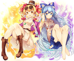 Rule 34 | 2girls, bangle, barefoot, blonde hair, blue bow, blue eyes, blue hair, blue skirt, boots, bow, bracelet, breasts, brown footwear, commentary request, cross-laced footwear, debt, drill hair, eyewear on head, feet, hair bow, hat, highres, holding hands, hood, hoodie, jewelry, lace-up boots, long hair, medium breasts, mini hat, multiple girls, multiple hair bows, nenobi (nenorium), open mouth, pendant, red bow, short hair, short sleeves, sitting, skirt, smile, thighs, toes, touhou, twintails, very long hair, wide sleeves, yellow eyes, yorigami jo&#039;on, yorigami shion
