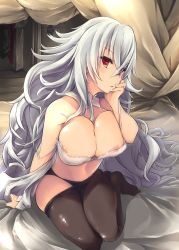 Rule 34 | 1girl, absurdres, areola slip, azur lane, bed, black panties, black pantyhose, bra, breasts, cleavage, clothes pull, commentary request, graf zeppelin (azur lane), hair between eyes, highres, kaede momiji, large breasts, long hair, looking at viewer, nipple slip, nipples, panties, pantyhose, pantyhose pull, red eyes, silver hair, solo, squatting, underwear, wing collar