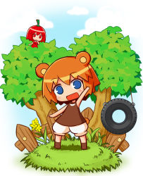 Rule 34 | 2girls, :d, :o, animal ears, arm up, bare arms, bare shoulders, bear ears, bear girl, bear tail, blue eyes, blue sky, blush, brown hair, brown shirt, chibi, cloud, cloudy sky, commentary request, day, dress, fence, flower, grass, habanero-tan, hair between eyes, head tilt, in tree, kuma-tan, kumatanchi, multiple girls, naga u, open mouth, original, outdoors, parted lips, puffy shorts, red dress, red eyes, red hair, shirt, short shorts, shorts, sky, sleeveless, sleeveless dress, sleeveless shirt, smile, standing, tail, tire swing, tree, white shorts, yellow flower