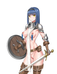 1girl armor banner belt belt_buckle belt_pouch between_breasts blue_hair boots breasts buckle cleft_of_venus clothes_between_breasts cowboy_shot eyebrows_hidden_by_hair female_knight gloves gorget hairband highres holding holding_shield holding_sword holding_weapon knight leather leather_belt leather_boots leather_gloves looking_at_viewer medium_breasts medium_hair nipple_piercing no_panties nude original pauldrons piercing pouch pussy shield shoulder_armor smile solo standing sword thigh_boots vvv_(vvv98048917) warrior weapon white_background wooden_shield yellow_eyes