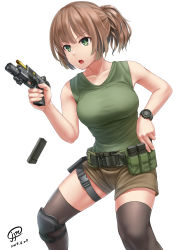 Rule 34 | 1girl, brown hair, commentary, english commentary, flashlight, glock, green eyes, gun, handgun, highres, holding, holding gun, holding weapon, holographic weapon sight, jpc, knee pads, magazine (weapon), original, pistol, ponytail, reflector sight, reloading, short shorts, shorts, sight (weapon), single knee pad, sleeveless, solo, tactical light, thighhighs, trigger discipline, watch, weapon, white background, wristwatch