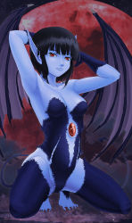 Rule 34 | 1990s (style), 1girl, armpits, arms behind head, black hair, blue skin, blunt bangs, colored skin, demon girl, demon tail, demon wings, female focus, full moon, fur, highres, leotard, lilim (monster farm), monster farm, moon, mora man, pointy ears, red eyes, red moon, retro artstyle, short hair, sky, solo, squatting, star (sky), starry sky, tail, thighhighs, wings